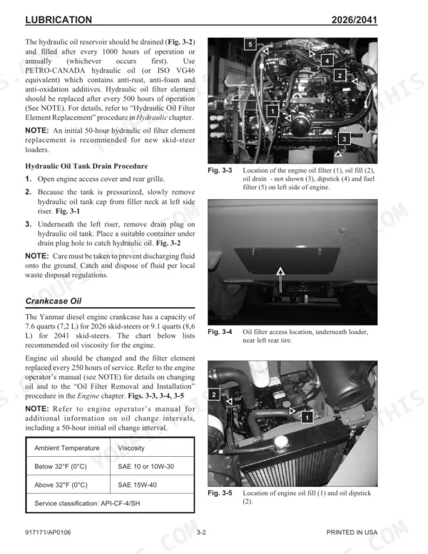 Mustang 2026, 2041 lubrication guide, hydraulic tank drain procedure, engine oil viscosity table, and component photos.