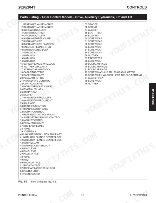 Mustang 2026, 2041 parts list for T-Bar control models including drive, auxiliary hydraulics, lift, and tilt components.