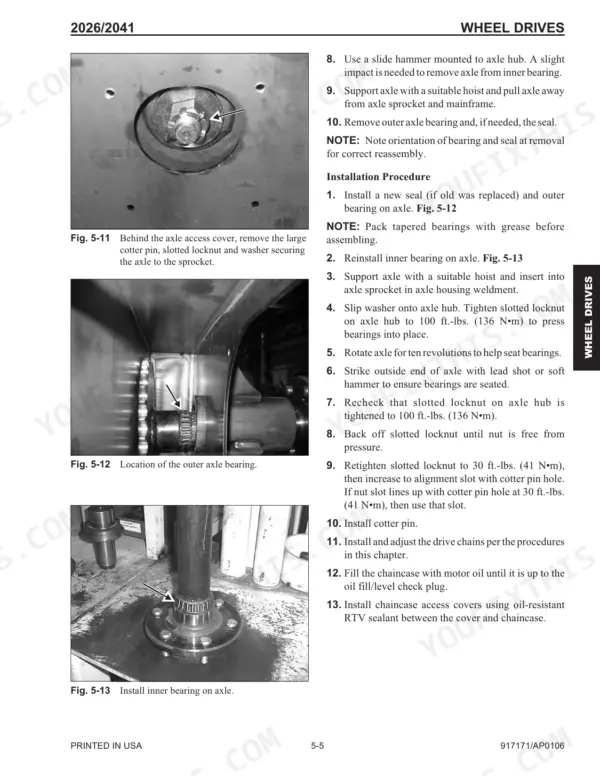 Mustang 2026, 2041 wheel drive axle removal and bearing installation procedures with torque specifications.