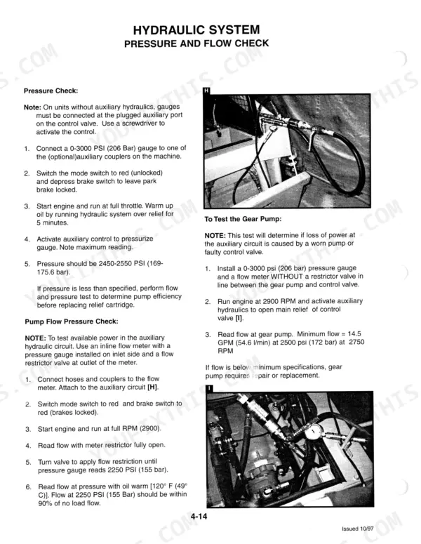 Mustang 2040, 2050 hydraulic system pressure and flow check procedures, gear pump testing, and gauge connection diagrams.