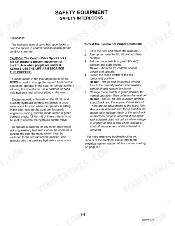 Mustang 2040, 2050 safety interlock system explanation and testing procedures for hydraulic control valve spool locks.