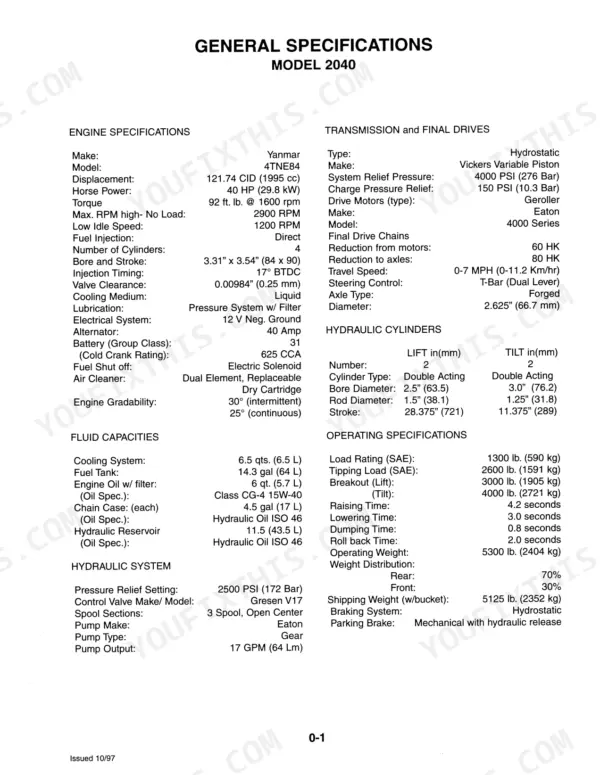 Mustang 2040, 2050 general specifications table including engine, transmission, hydraulic, and operating data.