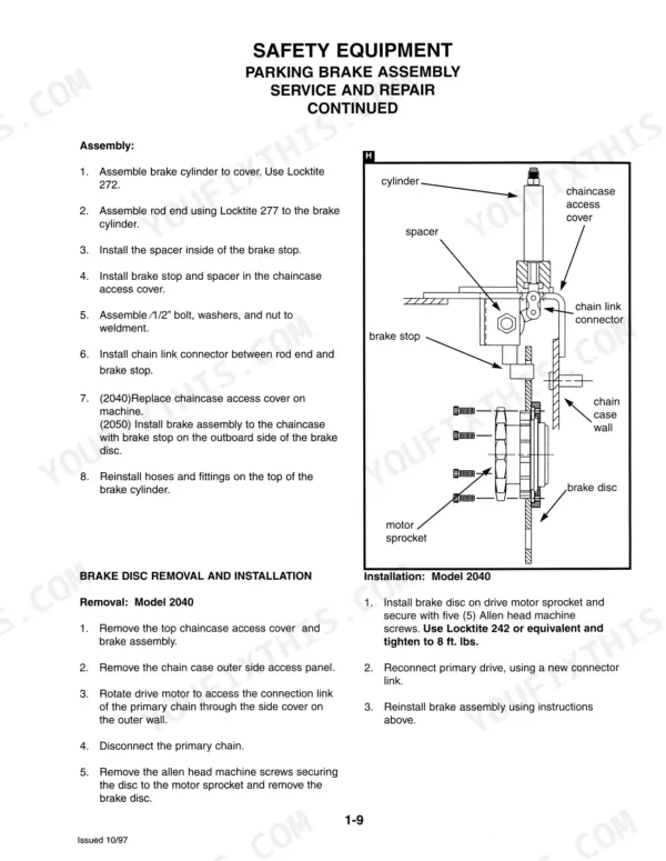 Mustang 2040, 2050 parking brake assembly service, repair, and brake disc removal installation procedures with diagram.
