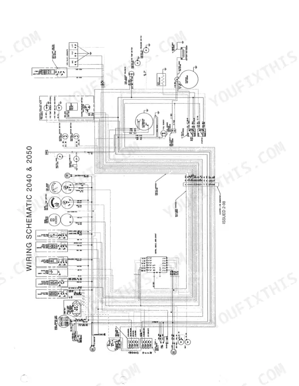 Mustang 2040, 2050 wiring schematic showing electrical connections for gauges, switches, starter, and control module.