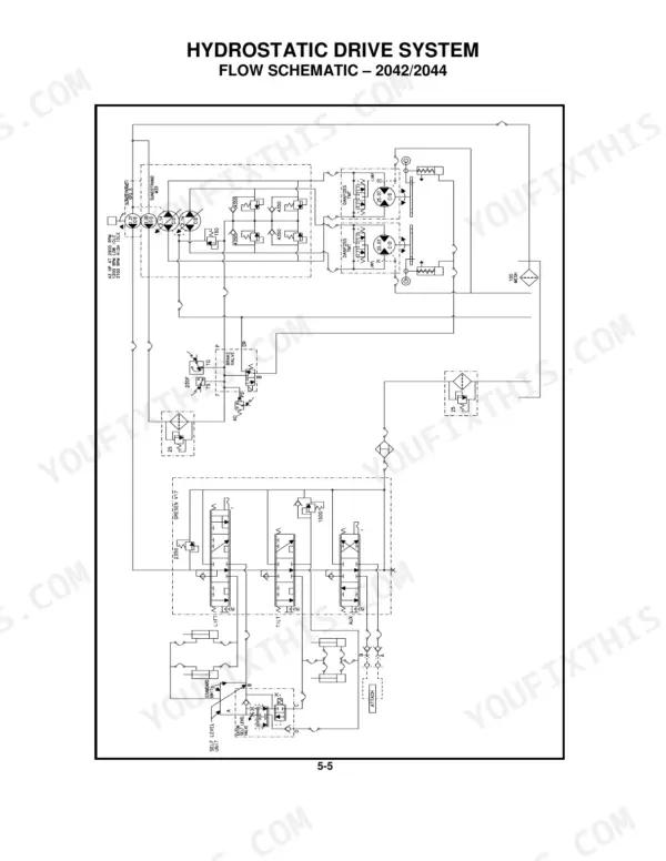 Mustang 2042, 2044, 2054 hydrostatic drive system flow schematic diagram showing hydraulic pump and valve circuits.