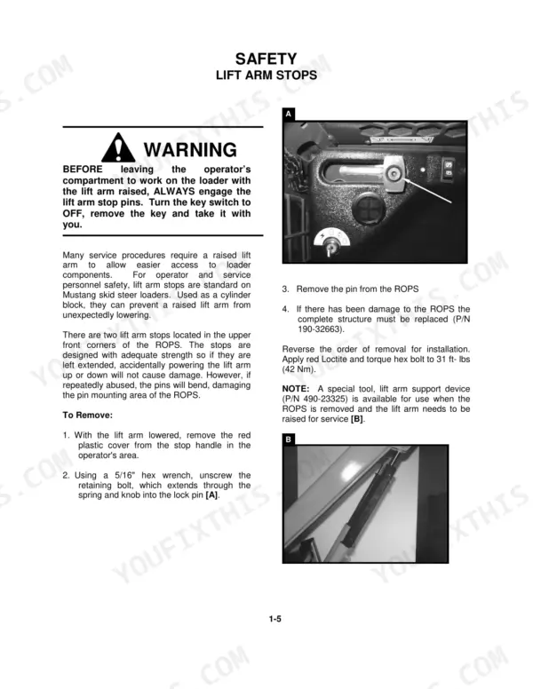 Mustang 2042, 2044, 2054 safety procedure for engaging and removing lift arm stop pins on the ROPS structure.