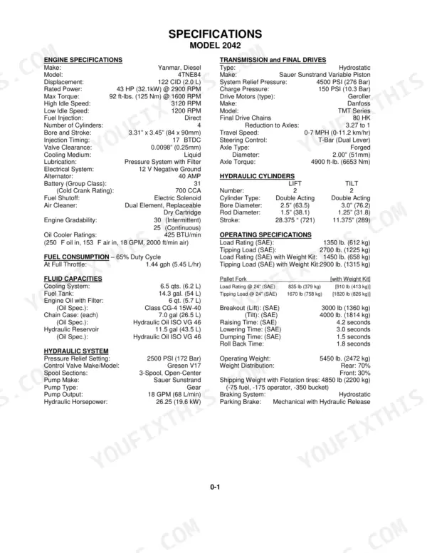 Mustang 2042, 2044, 2054 technical specifications table including engine, hydraulic, fluid capacities, and operating data.