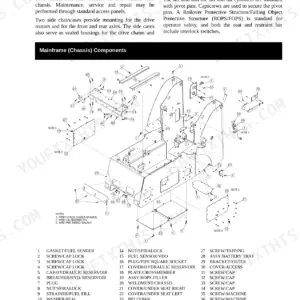 Mustang 2056 exploded view diagram of mainframe chassis components, including chaincase covers, bellypan, and battery tray.