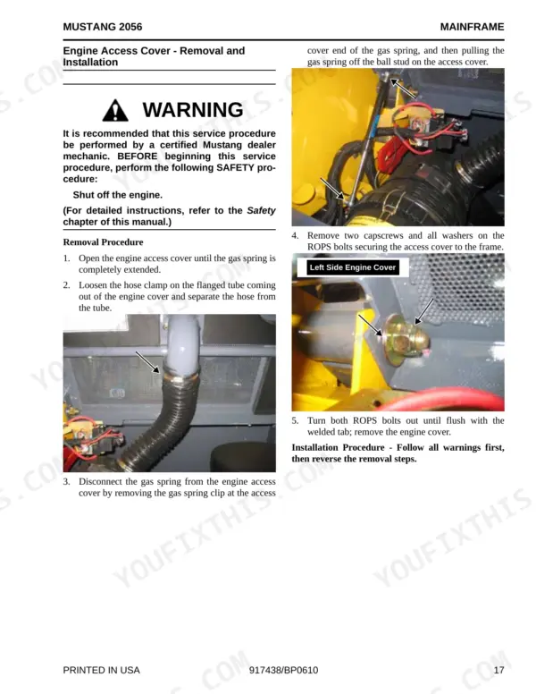 Mustang 2056 engine access cover removal and installation procedure with gas spring and ROPS bolt diagrams.