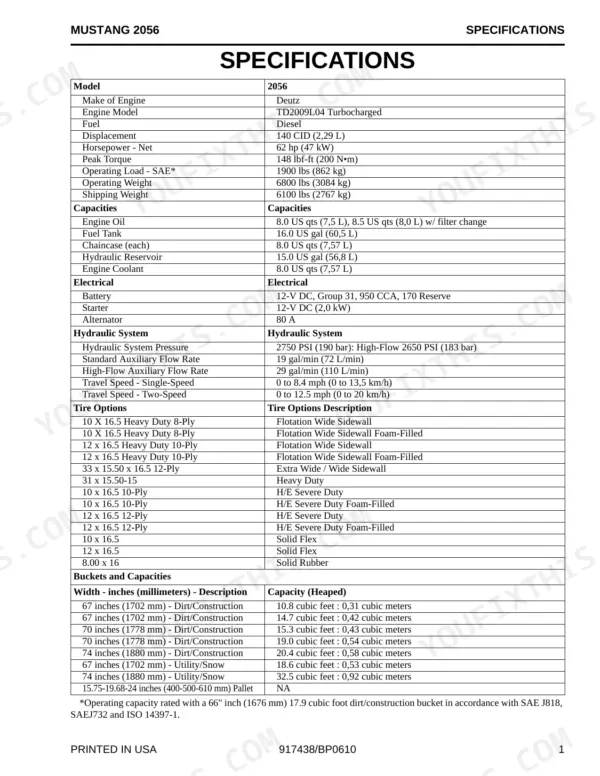 Mustang 2056 technical specifications table including engine, capacities, electrical, hydraulic, tire, and bucket data.