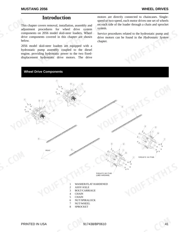Mustang 2056 exploded view diagram of wheel drive components, axle assemblies, chains, and torque specifications.