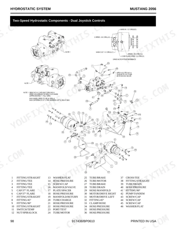 Mustang 2056 hydrostatic system exploded view showing two-speed drive motor components, hydraulic hoses, and parts list.