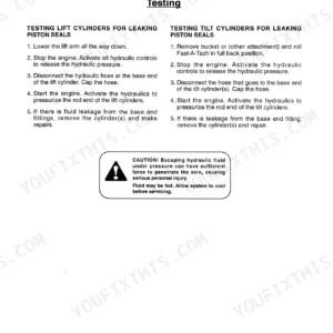 Mustang 2060, 2070 service manual: procedures for testing lift and tilt hydraulic cylinders for leaking piston seals.