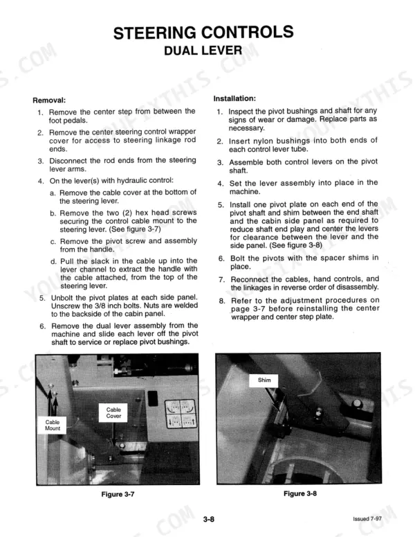 Mustang 2060, 2070 dual lever steering controls removal and installation procedures with cable and shim diagrams.