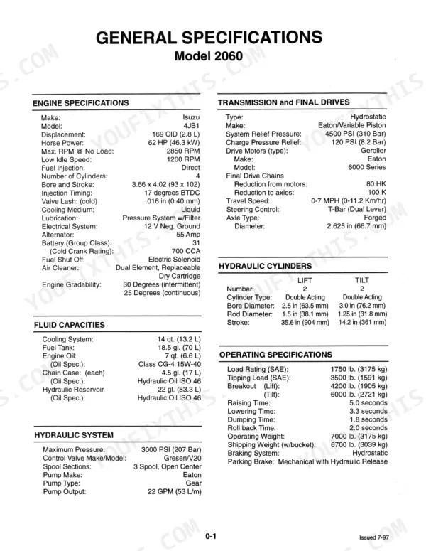 Mustang 2060, 2070 general specifications table including engine, transmission, hydraulic, fluid capacities, and operating data.