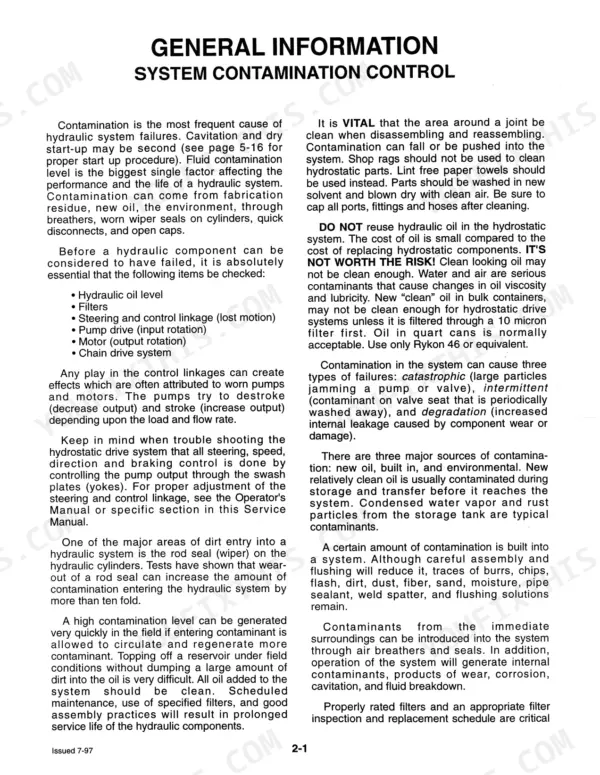 Mustang 2060, 2070 service manual page on hydraulic system contamination control, maintenance, and failure prevention.