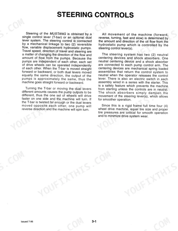 Mustang 2060 service manual page describing steering controls, T-bar, dual levers, hydrostatic pumps, and neutral centering.