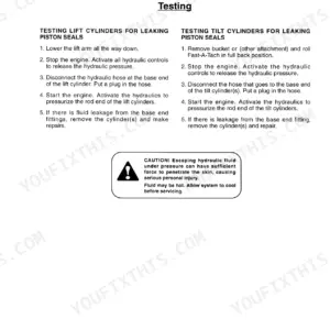 Mustang 2060 hydraulic system manual: procedures for testing lift and tilt cylinder piston seals for fluid leaks.