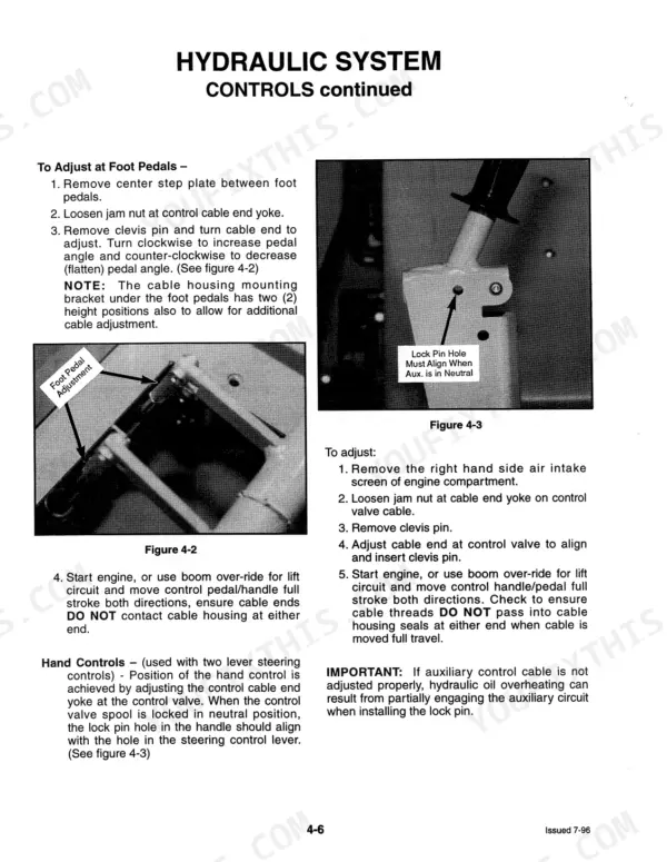 Mustang 2060 hydraulic system controls adjustment procedures for foot pedals and hand control cables with diagrams.