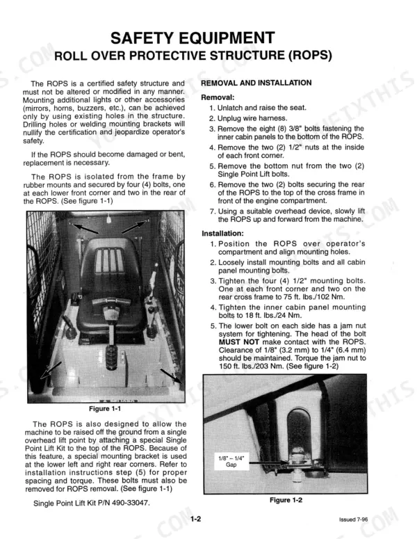 Mustang 2060 ROPS removal and installation procedures, including mounting bolt torque specs and gap adjustment diagrams.