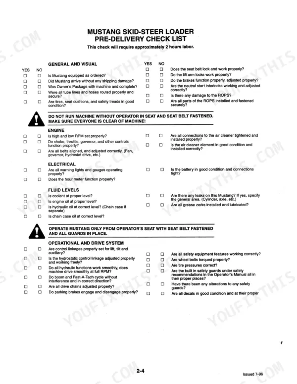 Mustang 2060 skid-steer loader pre-delivery inspection checklist covering engine, electrical, fluid, and drive systems.