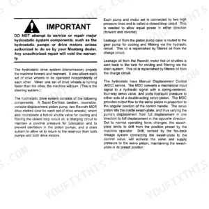Mustang 2064, 2074 hydrostatic drive system description, including Sauer-Danfoss pump and Rexroth motor operation.