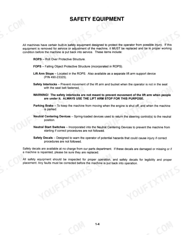 Mustang 2064, 2074 service manual page listing safety equipment including ROPS, FOPS, lift arm stops, and safety interlocks.