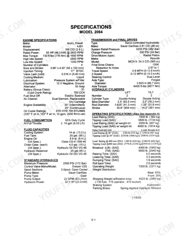 Mustang 2064, 2074 technical specifications table including engine, transmission, hydraulic, and operating data.