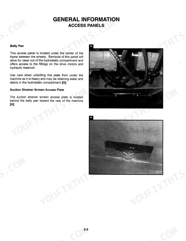Mustang 2064, 2074 service manual: belly pan and suction strainer screen access panel removal procedures and photos.