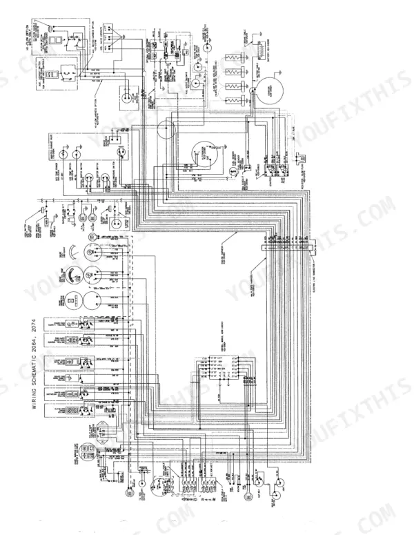 Mustang 2064, 2074 complete electrical wiring schematic showing engine, starter, gauges, and control module connections.