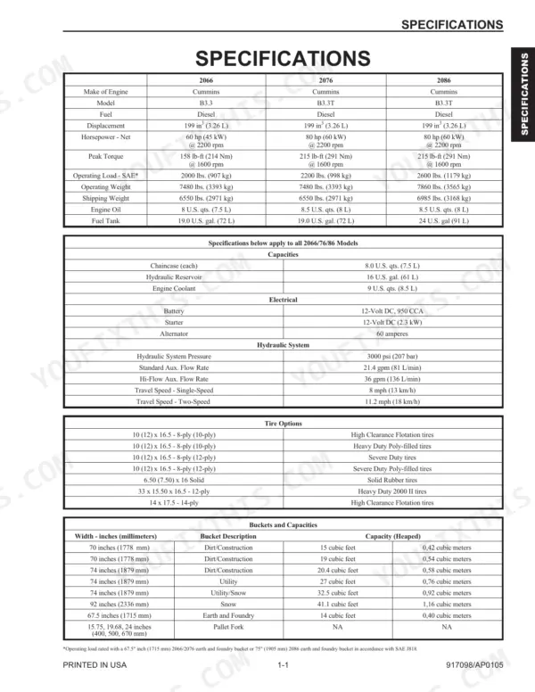 Mustang 2066, 2076, 2086 technical specifications table including engine, capacities, electrical, hydraulic, and tire data.