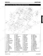 Mustang 2095, 2105 exploded view of mainframe chassis, covers, floor plates, and rear grille components with parts list.