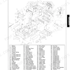 Mustang 2095, 2105 exploded view of mainframe chassis, covers, floor plates, and rear grille components with parts list.