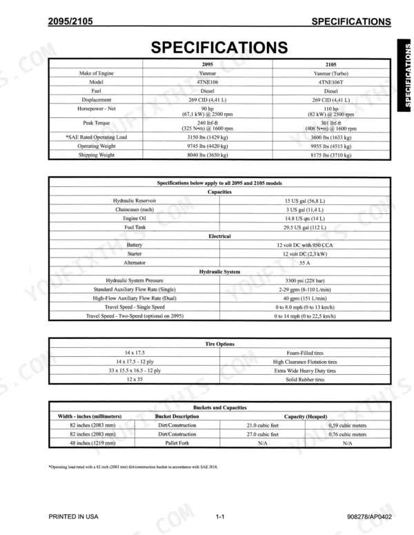 Mustang 2095, 2105 technical specifications table covering engine, capacities, electrical, hydraulic, tires, and buckets.