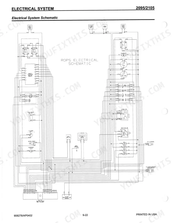 Mustang 2095, 2105 ROPS electrical system schematic showing wiring for lights, switches, gauges, and control modules.
