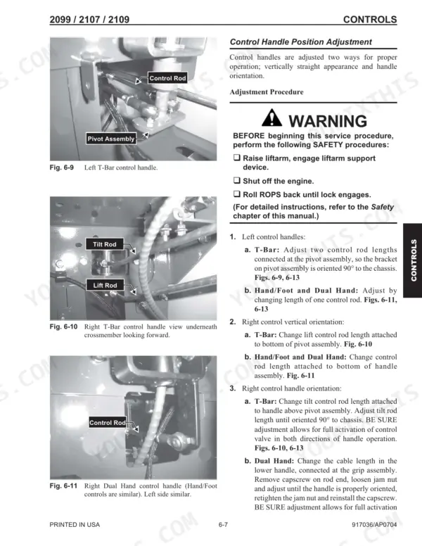 Mustang 2099, 2107 (EU), 2109 control handle position adjustment procedure, showing T-Bar, lift, and tilt rod components.