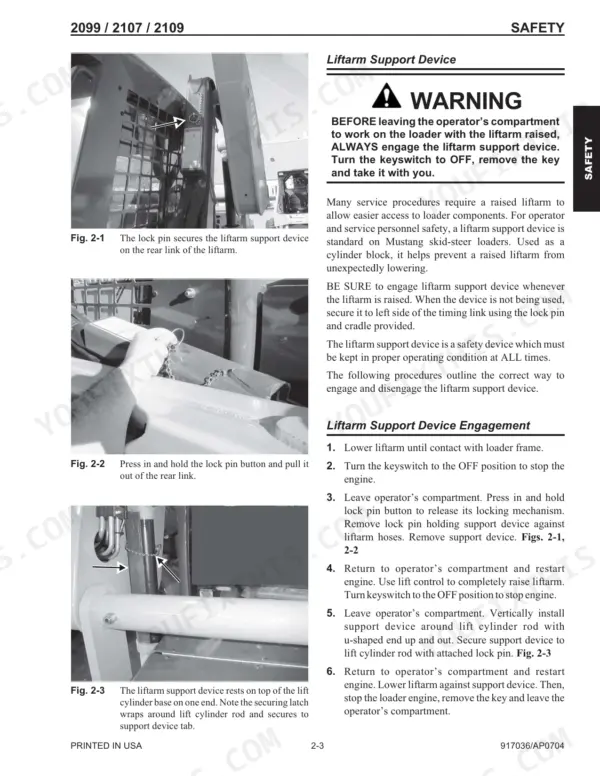 Mustang 2099, 2107 (EU), 2109 safety procedures for engaging and using the liftarm support device on skid-steer loaders.