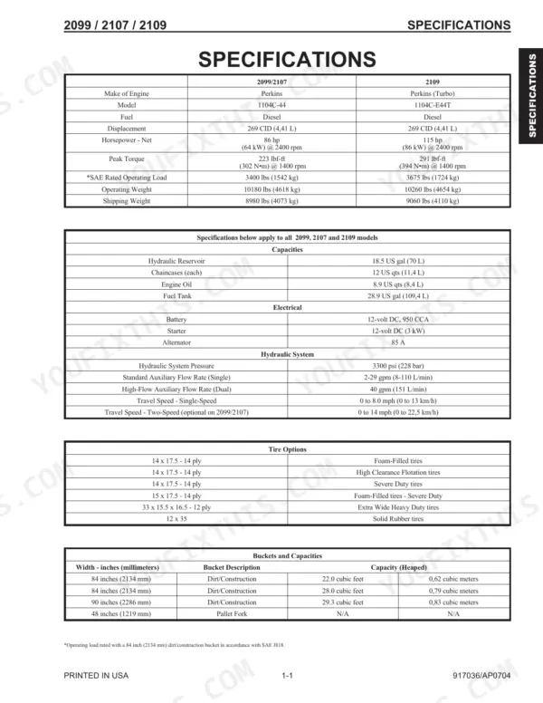 Mustang 2099, 2107 (EU), 2109 technical specifications table for engine, capacities, electrical, hydraulics, tires, and buckets.