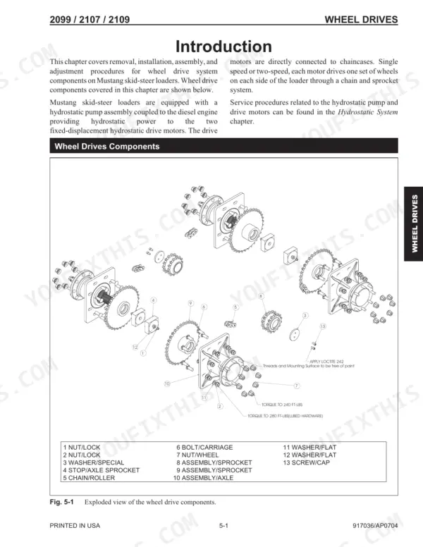 Mustang 2099, 2107 (EU), 2109 exploded view diagram of wheel drive components, axle, sprockets, and hardware parts list.