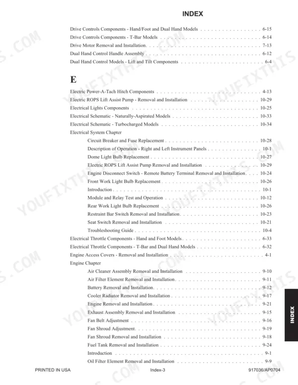 Mustang 2099, 2107 (EU), 2109 service manual index page listing electrical and engine system components and procedures.