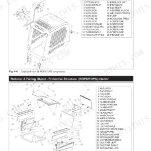 Mustang 2109 exploded view diagrams of ROPS/FOPS mainframe and interior components with parts lists for cab assembly.
