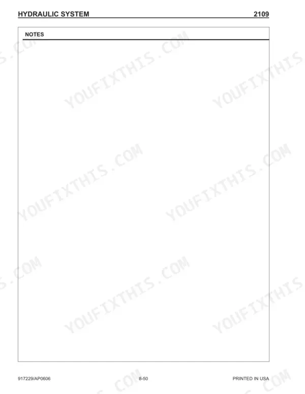 Mustang 2109 service manual page 8-50, blank notes section for the hydraulic system documentation.