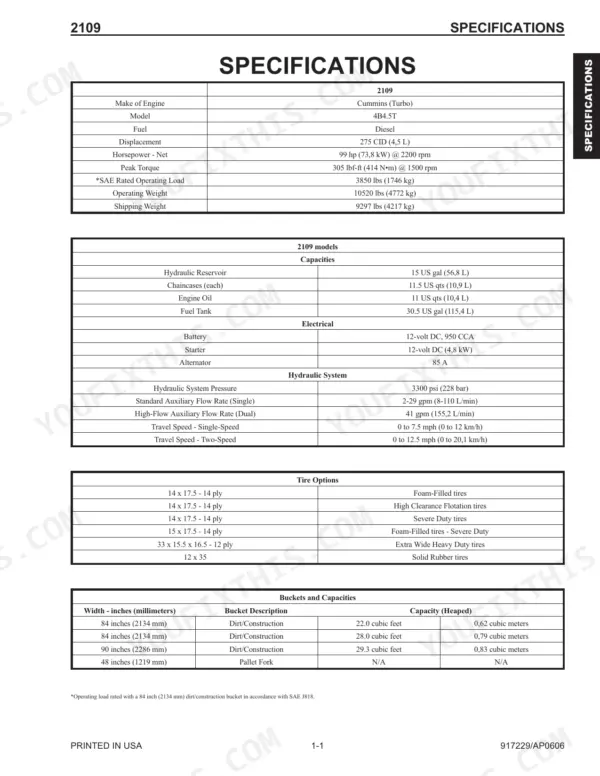 Mustang 2109 specifications table including engine, capacities, electrical, hydraulic, tire options, and bucket capacities.