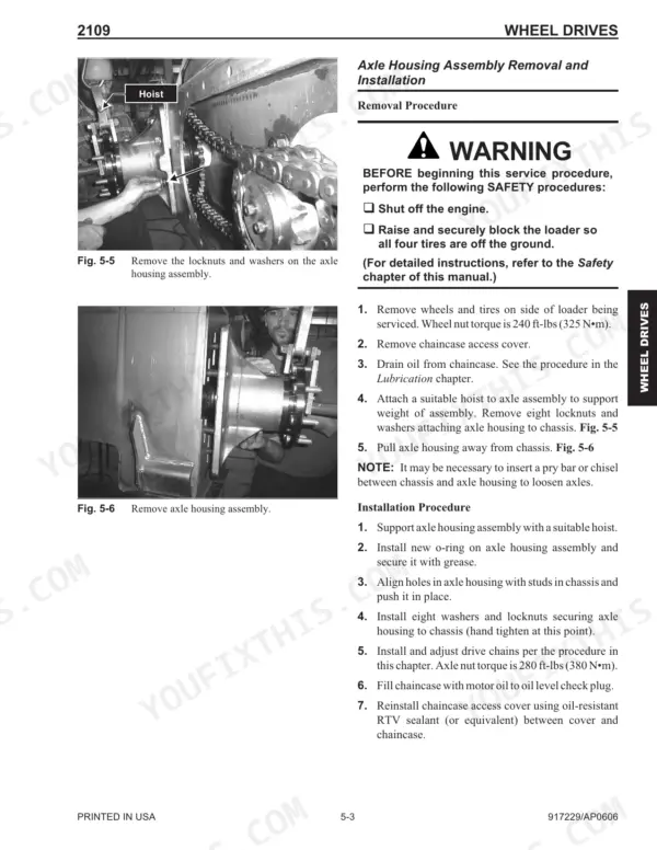 Mustang 2109 service manual: Axle housing assembly removal and installation procedures with hoist and locknut diagrams.