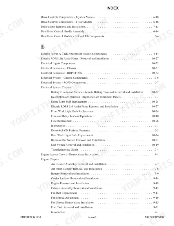 Mustang 2109 service manual index page 3, listing drive controls, electrical systems, and engine component procedures.