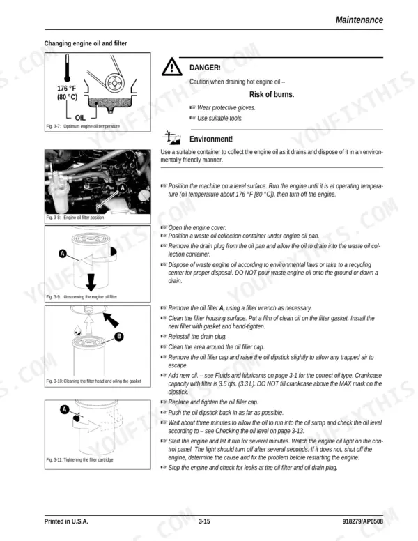 Mustang 2803ZT maintenance procedure for changing engine oil and filter with step-by-step diagrams and safety instructions.