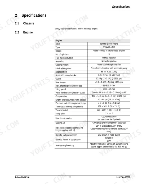Mustang 2803ZT service manual page showing technical specifications table for the Yanmar 3TNV76-NNS diesel engine.
