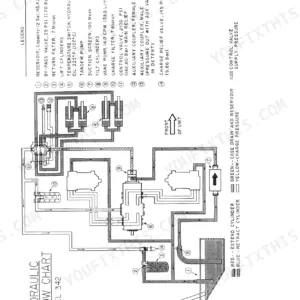 Mustang 332, 342, 442, 552 hydraulic flow chart diagram with numbered component legend and system pressure specifications.