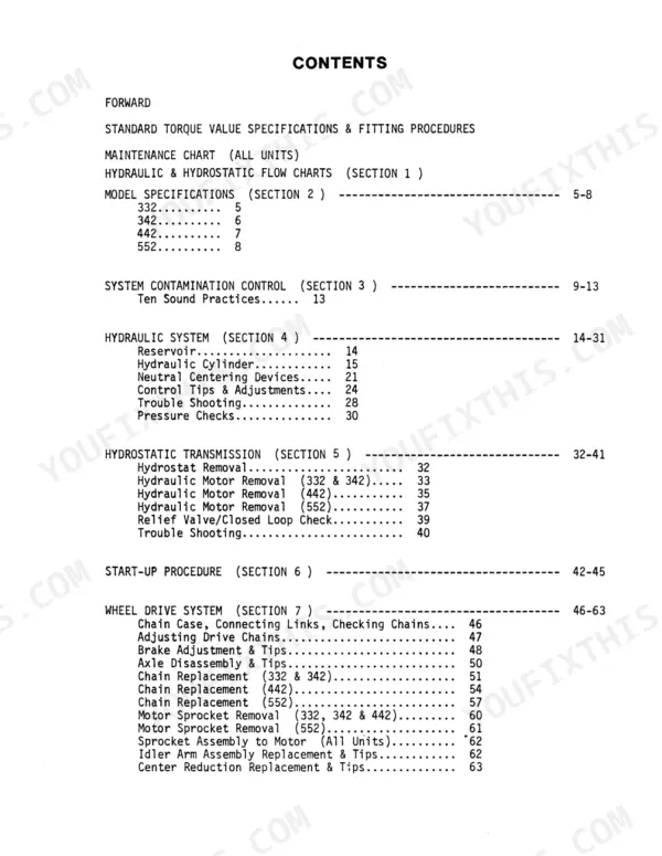 Mustang 332, 342, 442, 552 service manual table of contents listing hydraulic, hydrostatic, and wheel drive systems.
