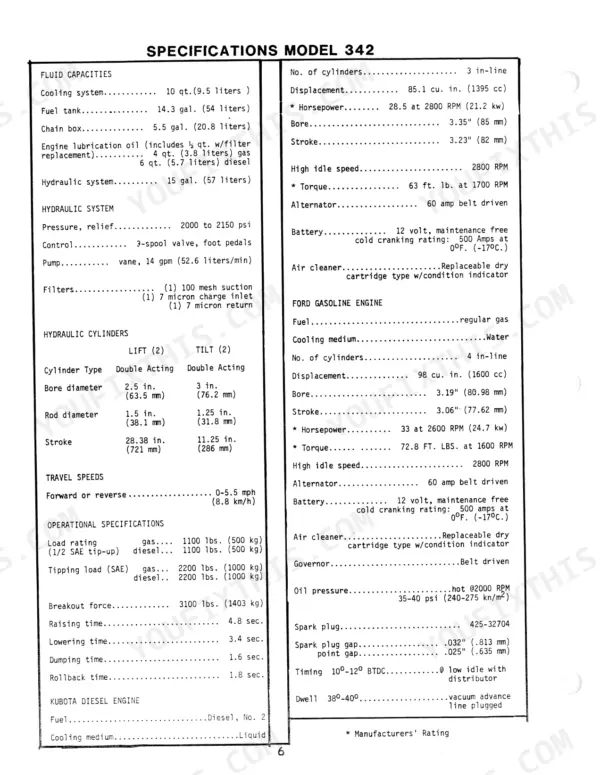Mustang 332, 342, 442, 552 specifications table for Model 342, including fluid capacities, engine, and hydraulic data.